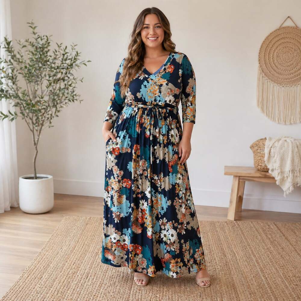Emerald Floral Maxi Dress 1X V Neck 3/4 Sleeve Pockets Boho Cottagecore